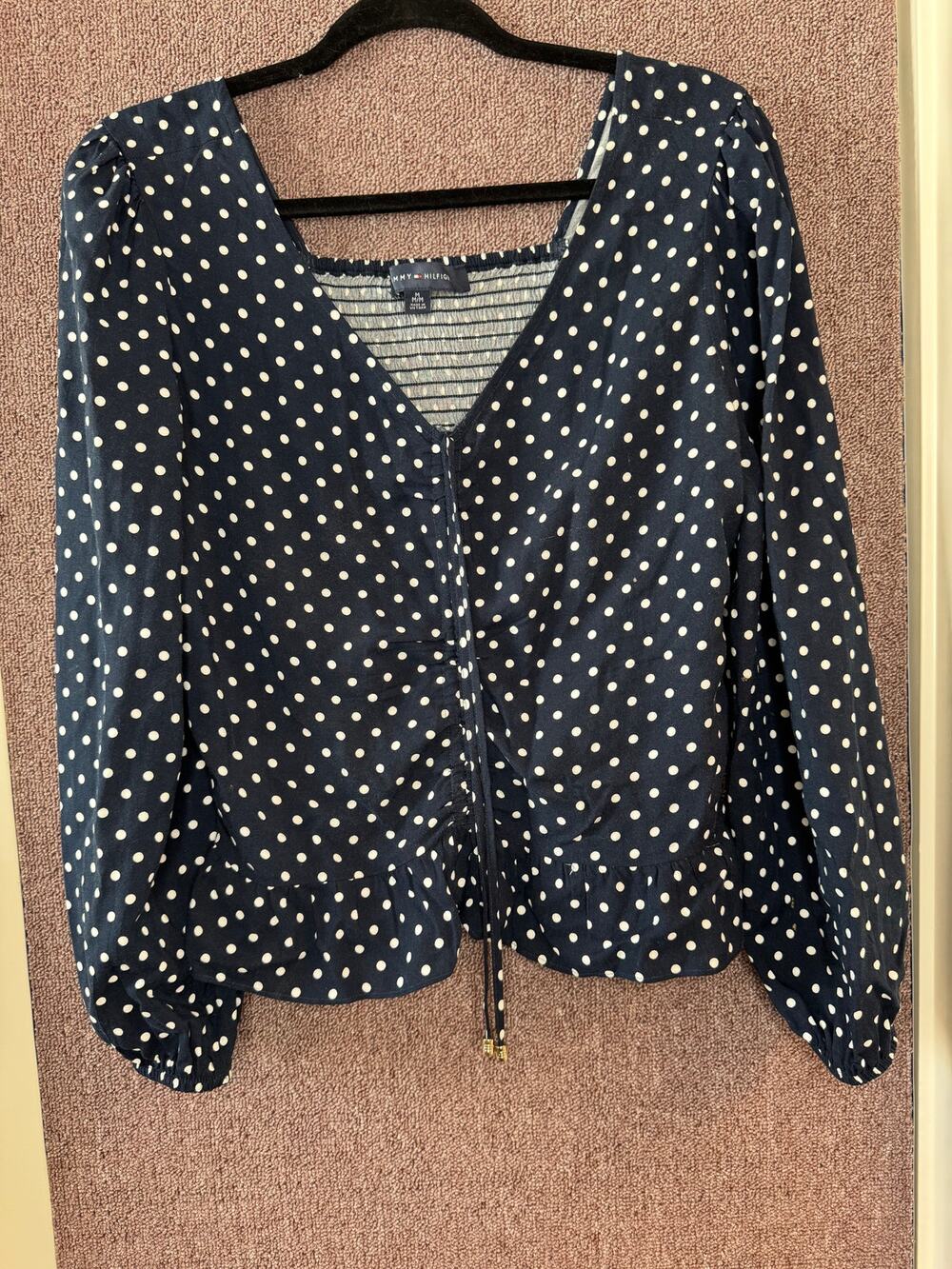 Tommy Hilfiger Polka Dot Pullover 3/4 Sleeve V-Neck Blouse w/Rushing NWOT